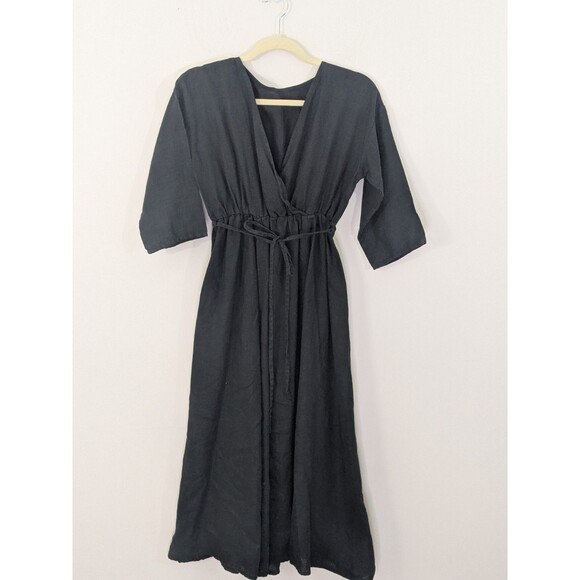 Dudo Pracownia UK Designer Linen Midi Dress Black Tie Elastic Waist M/L - Picture 1 of 7